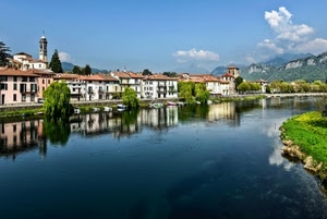 fiume, alberi, riflessi, case, acqua, campanile, riflesso, nuvole, verde, panorama, monti
