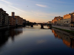 ponte, fiume, firenze, acqua, riflessi, palazzi, cielo, case, tramonto, riflesso