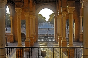 fontana, colonne, ringhiera, archi, arco, portico, prospettiva, colonnato, acqua, persone