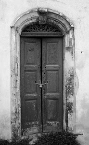 porta, lucchetto, bianconero, catena, arco, legno, portone, muro