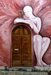 porta, murales, rosa, bianco, marrone, maniglie, legno, ingresso, murale, arco, portone, figura, dipinto
