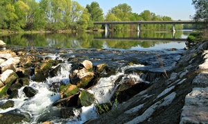 ponte, alberi, acqua, fiume, verde, rocce, riflesso, sassi, pietre, massi, schiuma, cielo, rive, riflessi, piloni, rapide