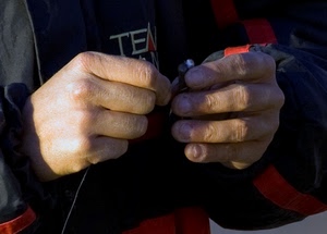 mani, dita, unghie, filo, artigiano, rosso, nocche, tuta