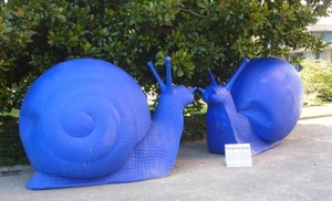 lumache, blu, due, verde, statue, sculture, foglie, plastica, pianta
