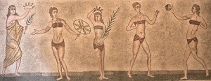 donne, mosaico, antico, arte, palla, costumi, atlete, giochi, disegno, cinque, affresco, rappresentazione, corona, pittura, antichità