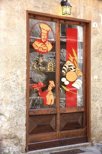 vetrina, porta, lampione, negozio, fornaio, rosso, panificio, uno, pane