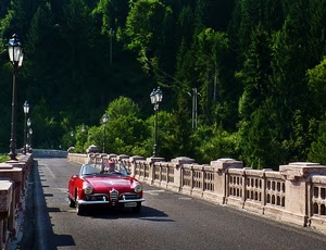 lampioni, automobile, ponte, rosso, auto, strada, rossa, epoca, lampione, sportiva, spider, alberi