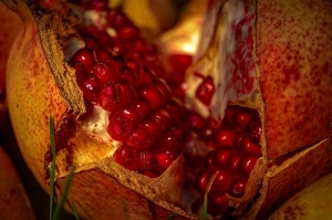 rosso, frutto, melograno, buccia, melagrana, chicchi, verde, spaccato, frutta, semi, erba, macro, grani