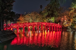 alberi, ponte, acqua, rosso, fiume, riflessi, notte, notturno, riflesso, luci, cielo, verde, luce