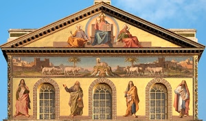 finestre, triangolo, affreschi, chiesa, santi, cielo, timpano, pecore, arte, dipinti, affresco, archi, azzurro, nuvole, giallo, facciata, mosaici, vetri, immagini