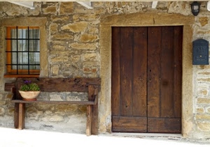 finestra, porta, panchina, vaso, fiori, posta, panca, legno, portone