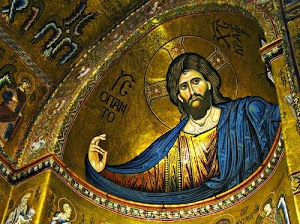 oro, mosaico, cristo, scritte, aureola, chiesa, santi, abside, azzurro, giallo, blu, barba, affreschi, duomo, occhi, dita, capelli, mano, mantello, cupola, gesù