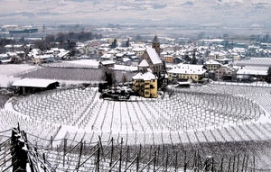 neve, panorama, inverno, case, bianco, paese, cerchio, vigne, paesaggio, chiesa, campanile