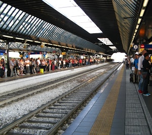 binari, stazione, rotaie, persone, attesa, pensiline, passeggeri, viaggiatori, marciapiede, marciapiedi, numeri, linee, valigie, prospettiva, luci, giallo, folla, tettoia, sassi, gialla, striscia