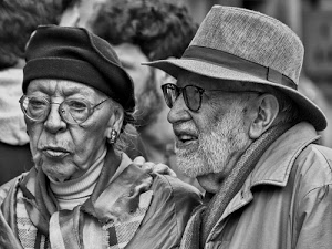 occhiali, barba, anziani, due, coppia, cappello, cappelli, donna, vecchi, uomo, bianconero, ritratto, persone, orecchini, sciarpa, visi