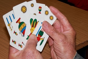 mani, carte, gioco, tavolo, coppe, figure, asso, denari