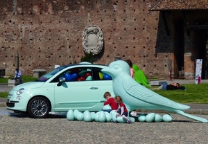 uccello, bambini, uova, auto, automobile, stemma, palloncini, turchese