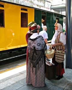 donne, cappelli, treno, borsa, verde, giallo, costumi, valigia, cesto, finestrini, fiori, borse, stazione, scialle, persone, tre, cestino, cestini