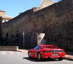 rosso, ferrari, auto, muro, cartellone, automobile, occhi, rossa, strada, mura