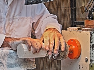 mani, artigiano, artigianato, tornio, bianco, dita, camice, uomo, lavoro