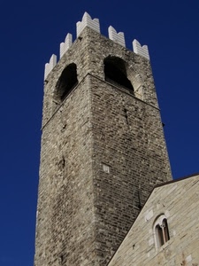 merli, torre, archi, cielo, campanile, chiesa, bifora, pietra, blu, finestre