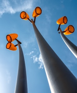 lampioni, cielo, pali, tre, arancione, nuvole, arancio