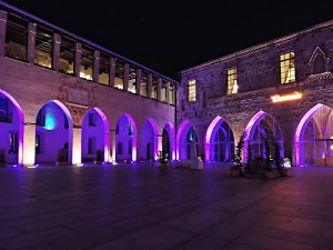 archi, luci, viola, finestre, cortile, colonne, palazzo, nero, pozzo, chiostro, notturno, piante, notte, portici, vetrate, vasi