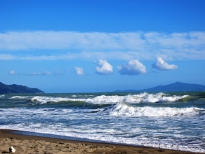 onde, sabbia, nuvole, mare, spiaggia, cielo, bianco, azzurro, montagne, schiuma, costa, riva, mosso, acqua