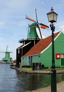 mulini, acqua, lampione, verde, pale, tetto, bicicletta, rosso, cielo, case, canale, vento, bici, mulino, nero, olanda, porte, legno