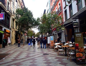 alberi, tavolini, via, negozi, persone, strada, passanti, case, sedie, verde, finestre, ristoranti, pavimento, palazzi, insegne, vicolo, viale