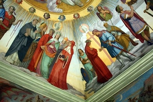 affresco, soffitto, rosso, santi, personaggi, angeli, dipinto, spada, raggi, colori, costumi, angolo, figure, croce, dante, volti