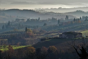 alberi, colline, nebbia, casolare, verde, foschia, paesaggio, cipressi, panorama, casa, cielo, autunno, campi