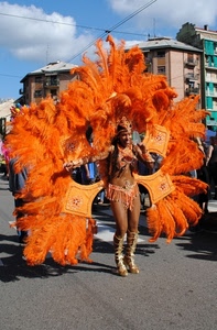 carnevale, piume, arancione, costume, donna, ballerina, brasiliana, sfilata, maschera, arancio