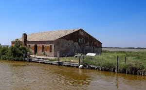 acqua, erba, finestre, tetto, cielo, casa, pali, comignolo, fiume, canale, casolare, prato, cespugli, verde, rudere, camino, piante, cespuglio, azzurro, legno