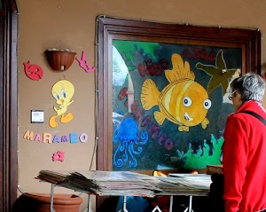 pesce, rosso, vetrina, persona, giallo, disegni, fogli, scritta, vaso, stella, quadro, donna, vetro, cornice, stampe, polpo, colori, occhi, pesci, tavolo, pulcino