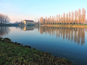 alberi, casa, acqua, riflesso, fiume, erba, cielo, casolare, azzurro, riflessi, finestre, verde, riva, filare, panorama