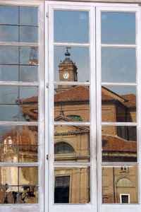 riflesso, finestra, campanile, orologio, chiesa, vetri, quadrati, portone, finestre, tetti, cielo, telaio, vetro, cerniere, riflessi