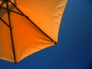 cielo, azzurro, ombrellone, giallo, ombrello, blu, legno, arancione, arancio, estate, bicolore