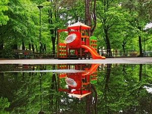 riflesso, alberi, parco, scivolo, verde, acqua, lago, rosso, giochi, arancio, gioco