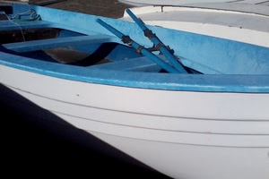 barca, bianco, remi, azzurro, ombra, sedili, nero, blu, celeste, mare