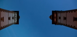 cielo, due, finestre, torri, azzurro, campanili, blu, prospettiva, orologio, simmetria, celeste, cupola