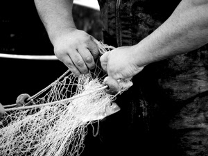 mani, rete, bianconero, braccia, pesca, pescatore, dita, uomo, lavoro, bianco