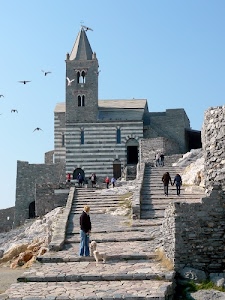 chiesa, campanile, uccelli, cani, persone, cielo, azzurro, scalini, scalinata, bifore, scorcio, finestre, scale, porte, croce