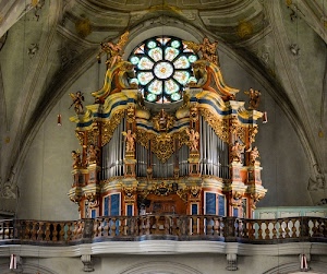 organo, canne, balaustra, rosone, statue, angeli, chiesa, oro, vetrata, strumento, archi, sculture, colonnine, balconata