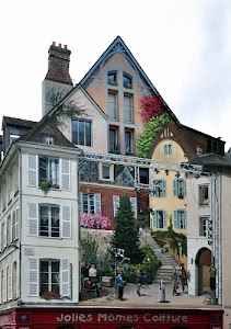 finestre, casa, murale, fiori, murales, palazzo, scritta, camino, piante, alberi, verde, tetto, comignolo, insegna, scalinata, dipinto, persiane, graffiti, muro, gradini, pittura