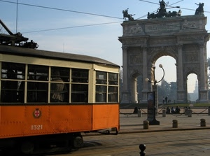 tram, arco, lampione, milano, arancio, binari, fili, arancione, trionfo, piazza