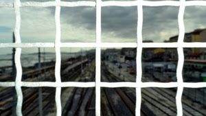 binari, nuvole, ferrovia, quadrati, bianco, cielo, stazione, grata, sfocato, quadri, cornice, rete, ferrovie, case, geometrie