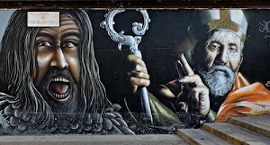 barba, murales, bocca, papa, murale, dipinto, vescovo, capelli, mano, denti, pastorale, nero, occhi, dita, bastone, graffiti, scale, muro, gradini, pittura, naso