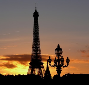 tramonto, torre, cielo, lampione, nuvole, parigi, ferro, controluce, lampioni, silhouette, nero, campanile, guglia, eiffel, giallo, nuvola, arancione