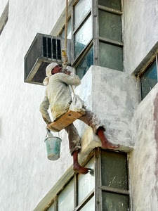 secchio, corda, bianco, finestre, muratore, sedile, lavoro, parete, operaio, fune, imbianchino, balcone